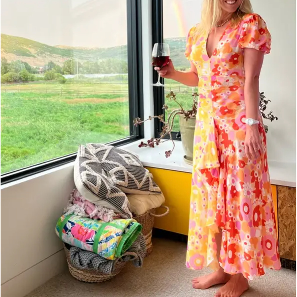 Rixo Whimsical Floral Colorblock Maxi Dress SMALL Ruched Orange Party Fun $420 - Picture 8 of 16